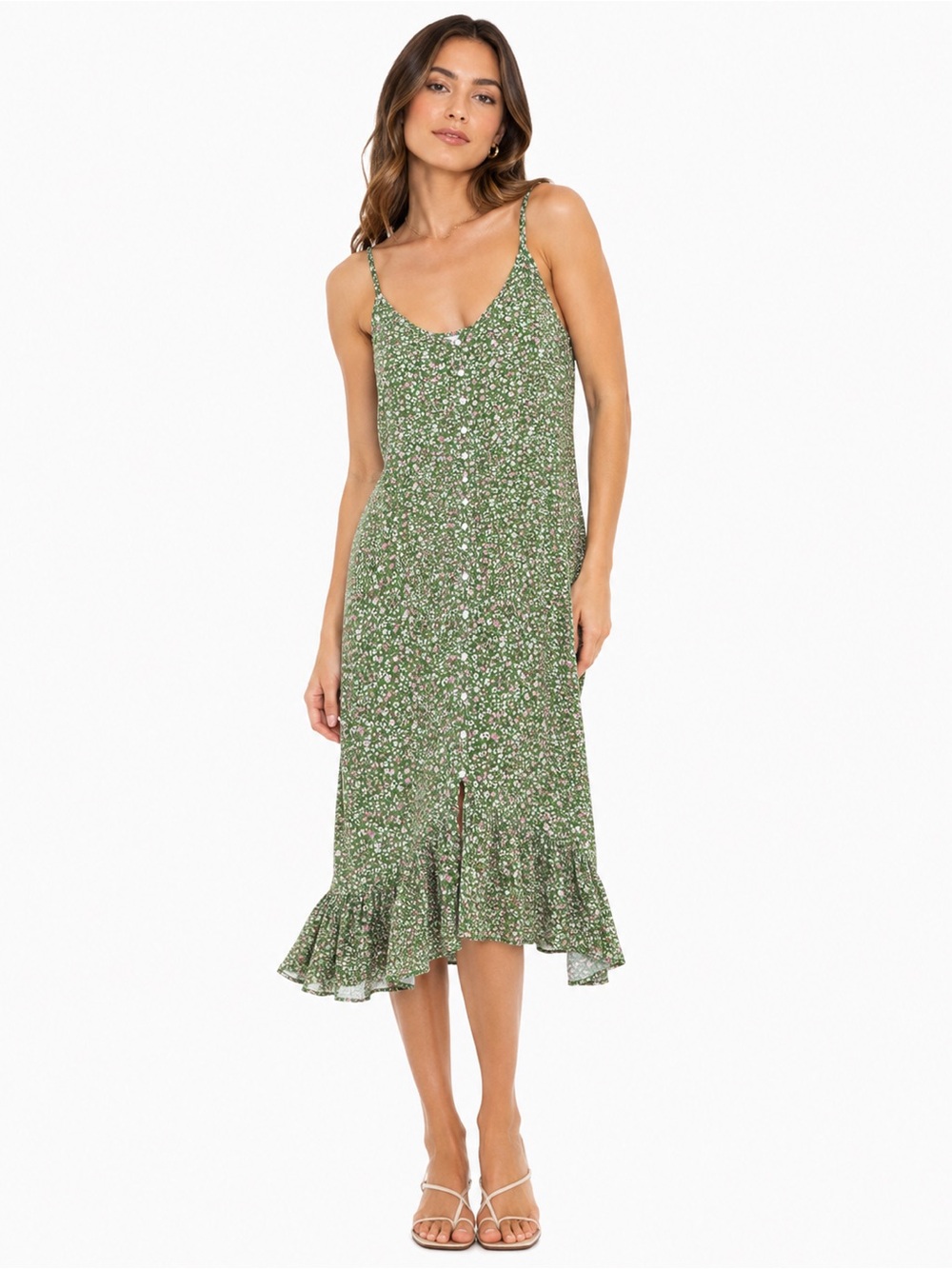Rails Green Floral Midi Dress L Button Front Ruffle Hem Cami Cottagecore Prairie